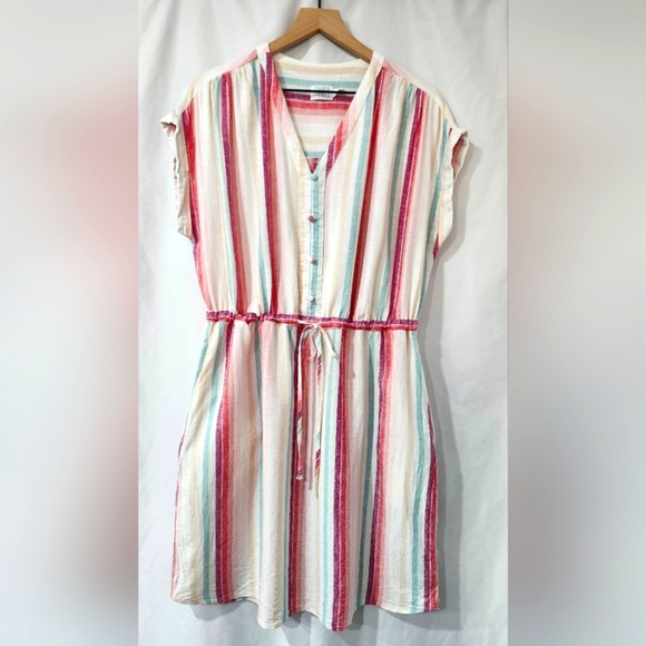 Time and Tru Women's Shirt Dress Size Large Colorful Striped Linen Blend - Picture 1 of 10